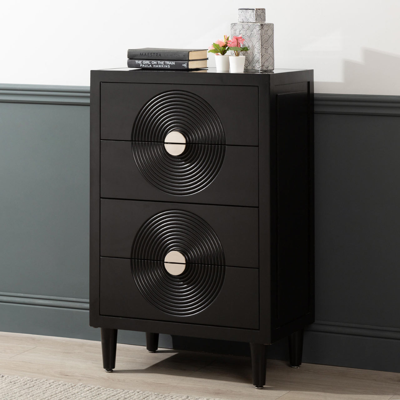 Elon 4 Drawer Tallboy Cabinet Black with Mirror Top-KD Legs- includes 2 Sets of Handles in SV & GD