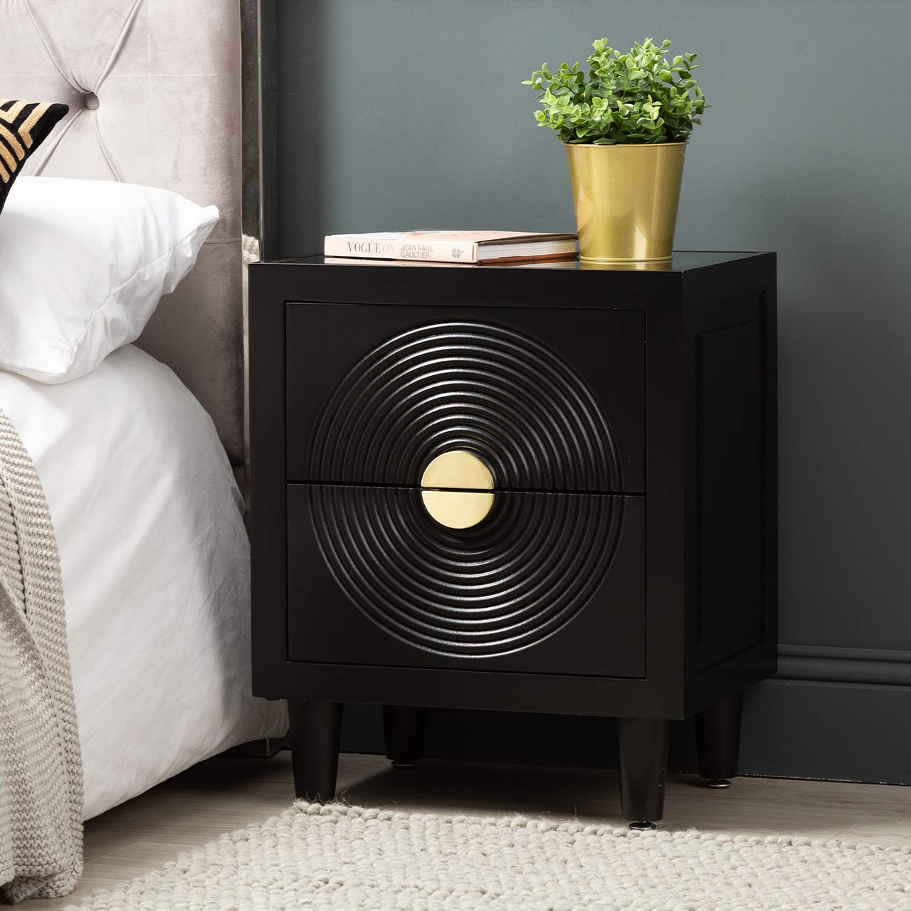 Elon 2 Drawer Bedside Cabinet Black with SM Mirror Top-KD Legs- includes 2 Sets of Handles in SV & GD