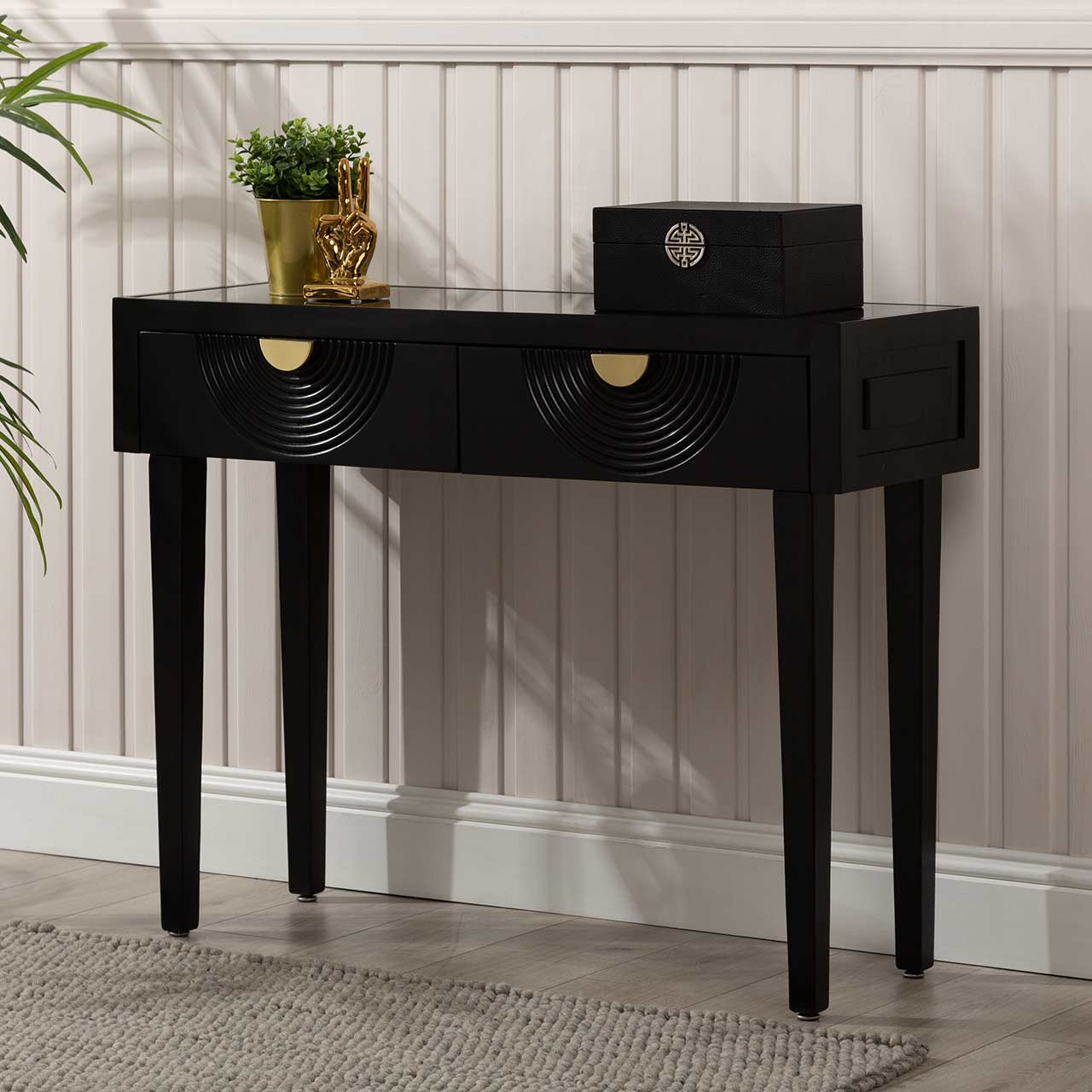 Elon 2 Drawer Console Table Black with Mirror Top-KD Legs- includes 2 Sets of Handles in SV & GD