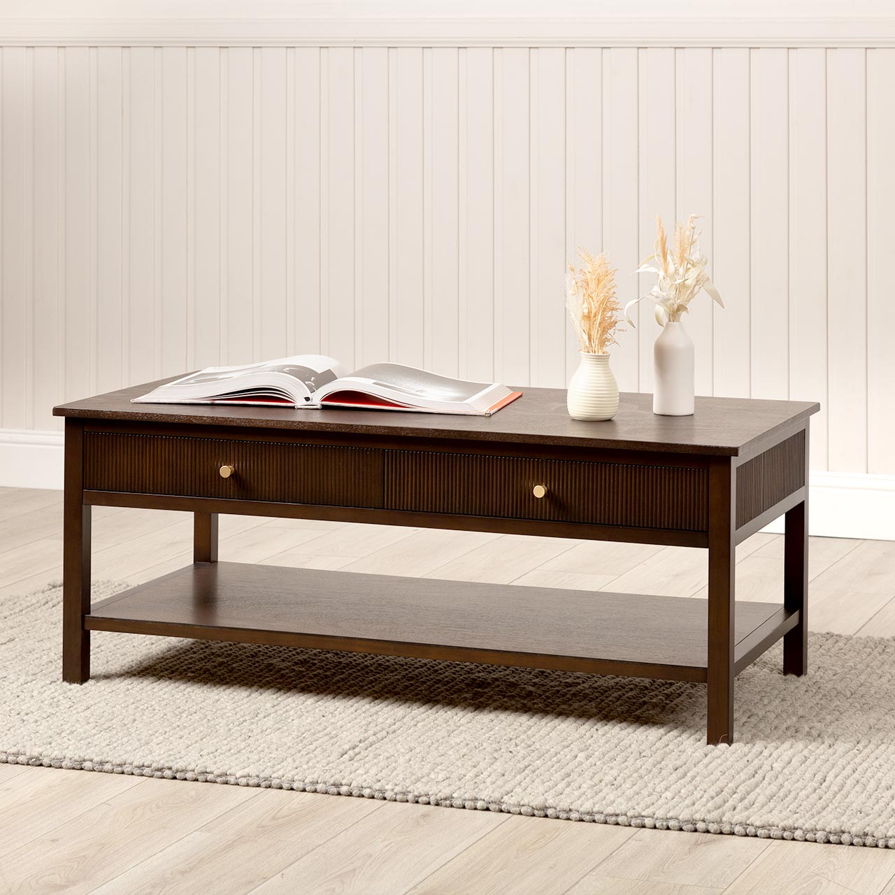 Lindon 2 Drawer Coffee Table Walnut Brown - KD with Gold Handles