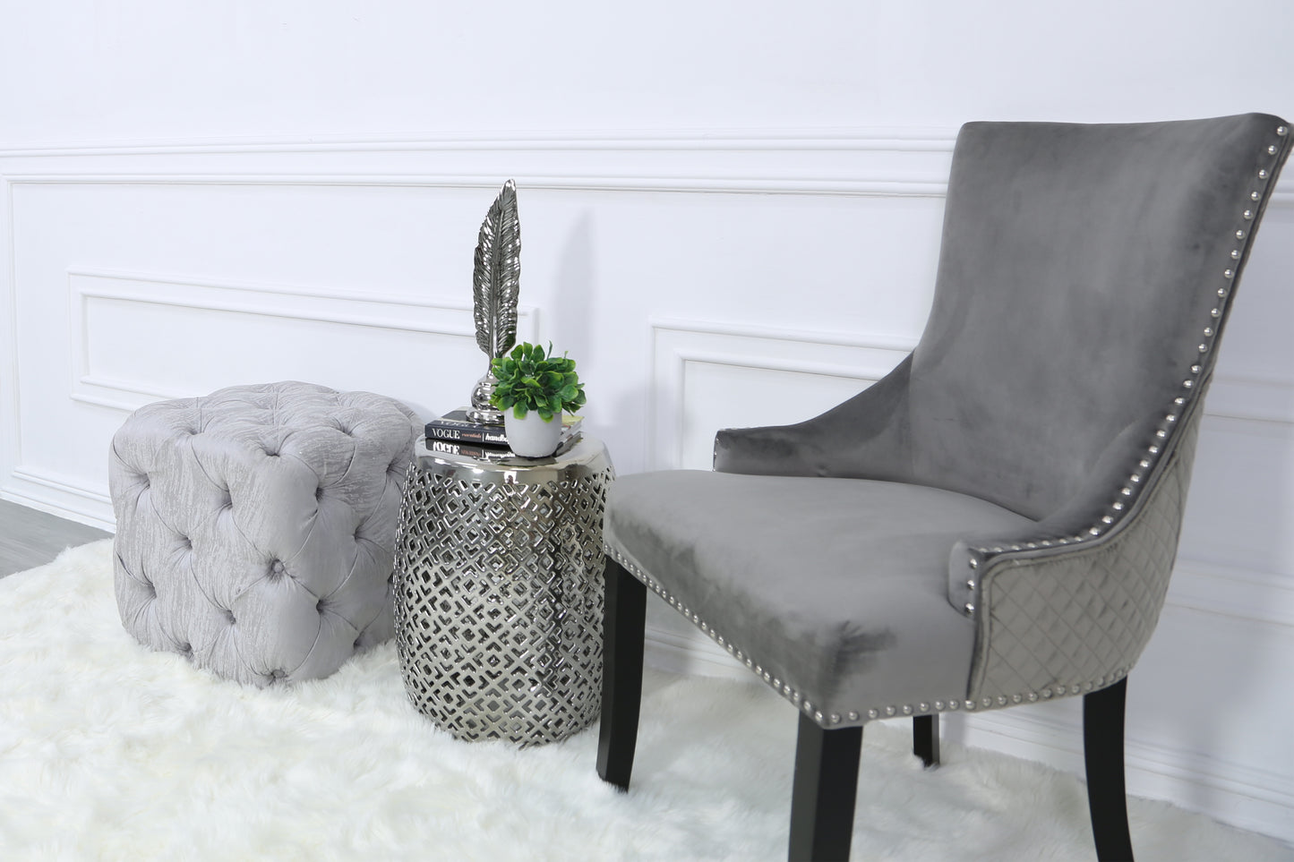 Diamond Back Velvet Dining Chair With Ring Grey