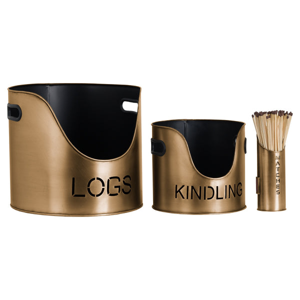 Bronze Finish Logs and Kindling Buckets & Matchstick Holder