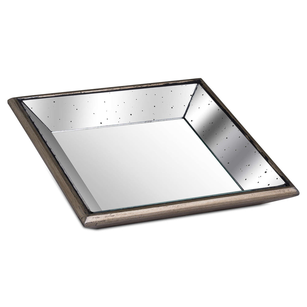 Astor Distressed Mirrored Square Tray W/wooden Detailing Sml