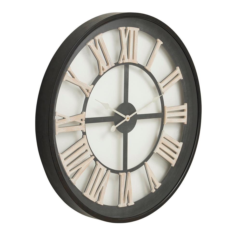 Black Framed Skeleton Clock with White Roman Numerals