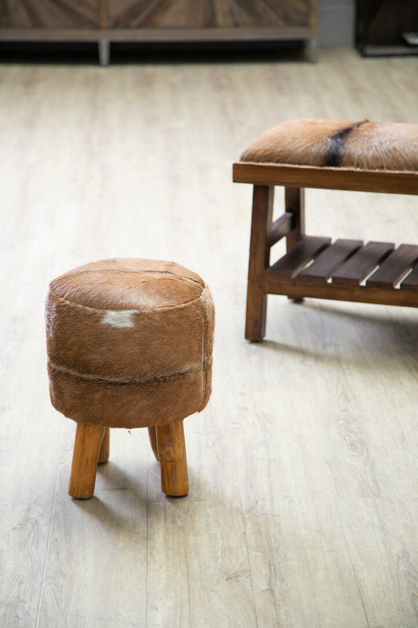 Inca Brown Goat Hide Hair on Leather  Round Stool detail image – Xshowhome furniture
