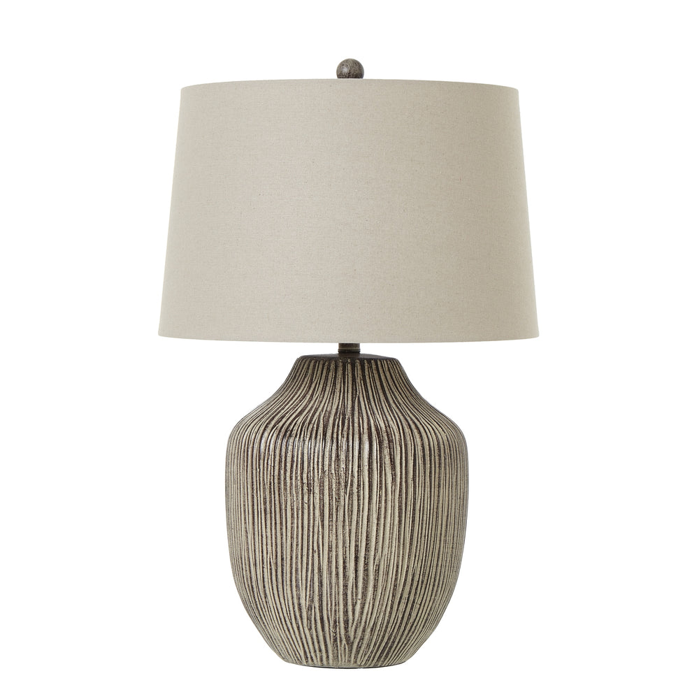 Ochre Carved Textured Table Lamp with Linen Shade