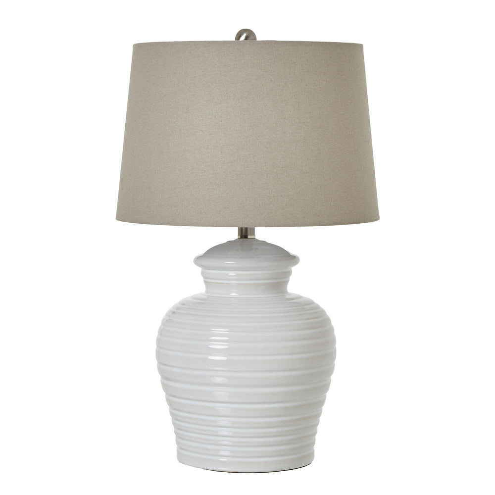 White Ceramic Pot Lamp with Linen Shade