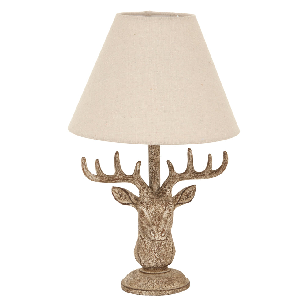 Stonewashed Stag Head Table Lamp with Linen Shade