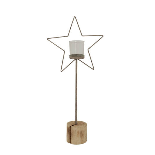Large Natural Rustic Star On Wood Stand With Glass Votive