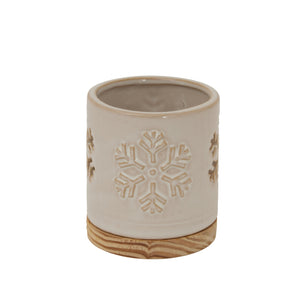 Alora Ceramic Snowflake Candle Holder on Wood Base