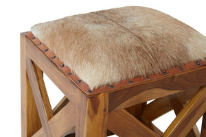 Kendari Hair on Leather and Teak Wood Square Stool detail image – Xshowhome furniture