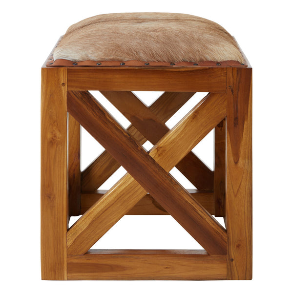 Kendari Hair on Leather and Teak Wood Square Stool detail image – Xshowhome furniture