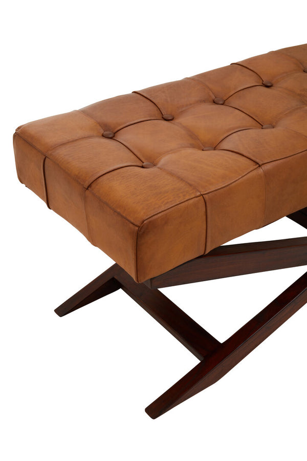 Inca Brown Leather Bench with Cedarwood Base detail image – Xshowhome furniture