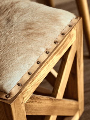 Kendari Hair on Leather and Teak Wood Square Stool detail image – Xshowhome furniture