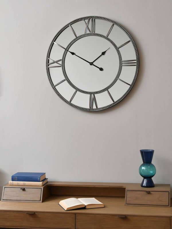 Grey Framed Beaded Mirrored Round Clock by Libra, image 3
