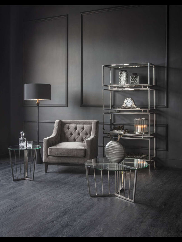 Theodore Buttoned Armchair in Warm Grey Fabric by Libra, image 7