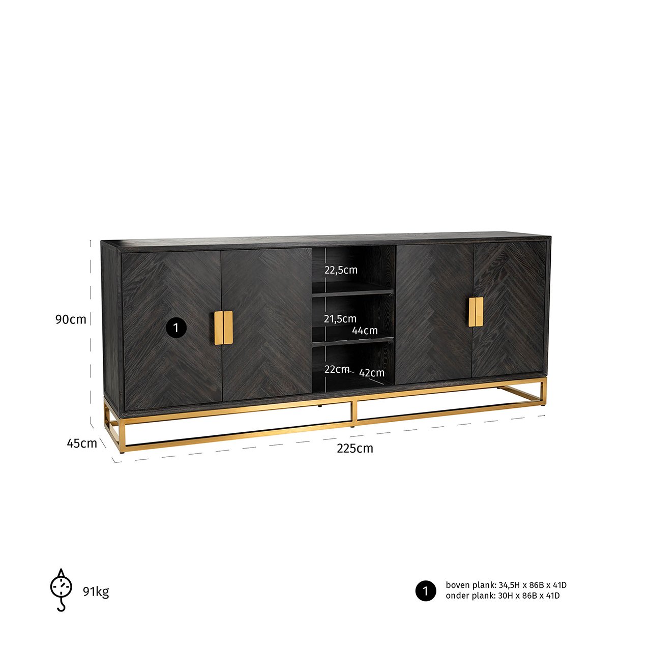 Sideboard Blackbone gold 4-doors  (Black rustic)