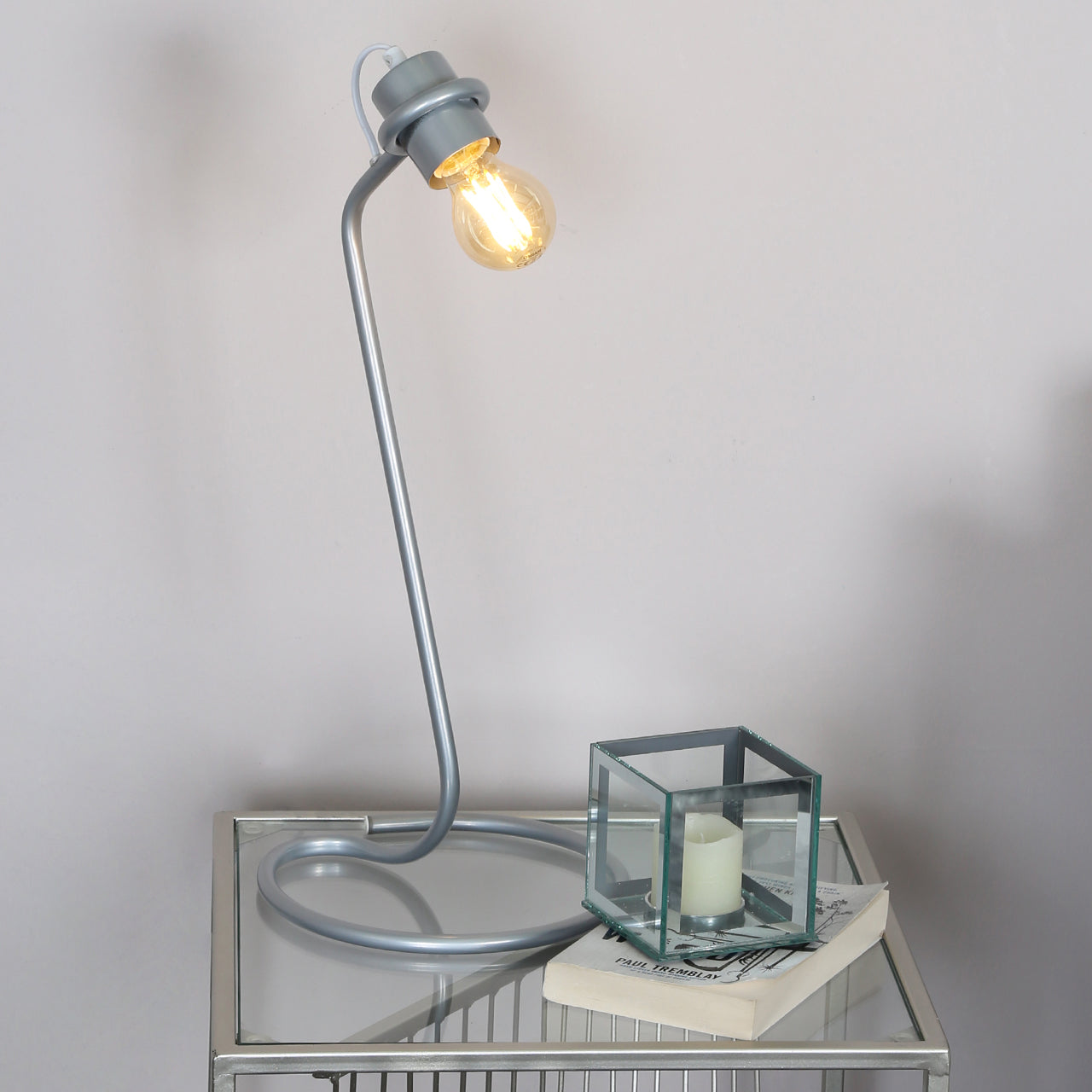 50cm Industrial Silver Met Tbl Lmp With LED Bulb-E27-UK Plug