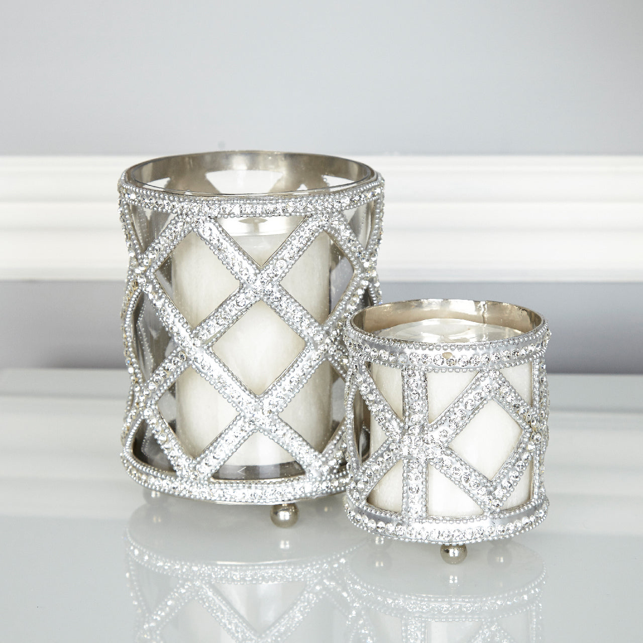 10cm Glitz Tealight Holder Clear Glass And Nickel