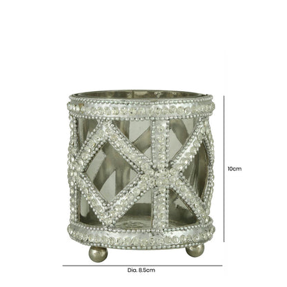 10cm Glitz Tealight Holder Clear Glass And Nickel