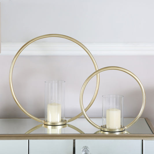 44cm Ring Pillar Candle Holder W. Glass Cup Light Gold