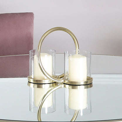 20cm Ring Two Pillar Candle Holder W.Glass Cups Light Gold