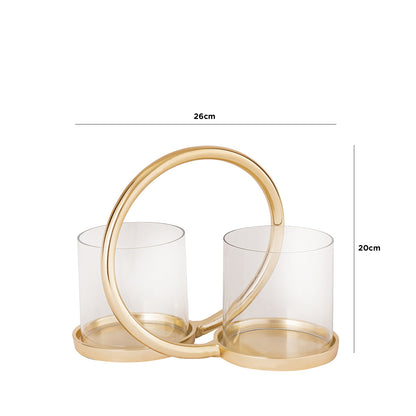 20cm Ring Two Pillar Candle Holder W.Glass Cups Light Gold