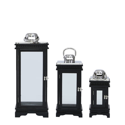 Set Of 3 Black And Chrome Wood Lanterns