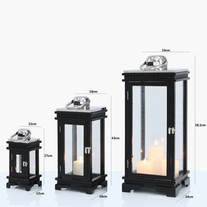 Set Of 3 Black And Chrome Wood Lanterns