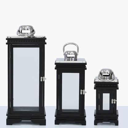 Set Of 3 Black And Chrome Wood Lanterns