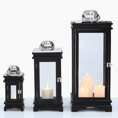 Set Of 3 Black And Chrome Wood Lanterns