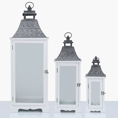 Set Of 3 White And Grey Wood Lanterns