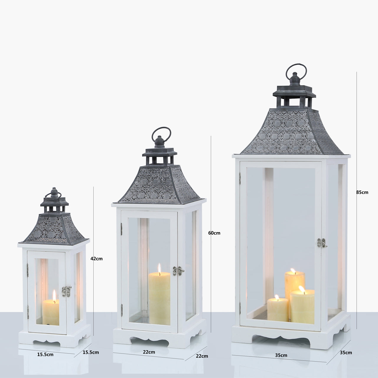 Set Of 3 White And Grey Wood Lanterns