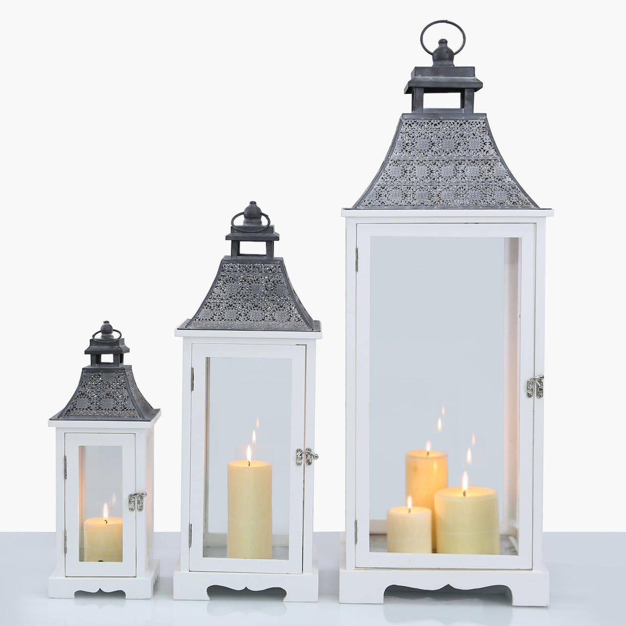 Set Of 3 White And Grey Wood Lanterns