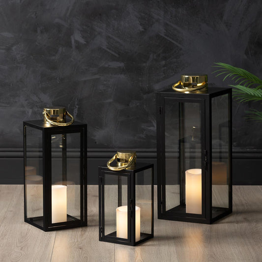 Set of 3 Black and Gold Steel Lanterns