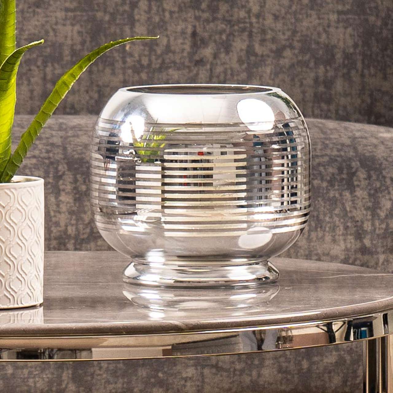 16cm Silver Stripe Glass Candle Holder