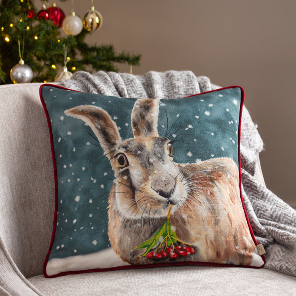 Christmas Hare 43x43 Feather Filled Cushion Multi - lifestyle