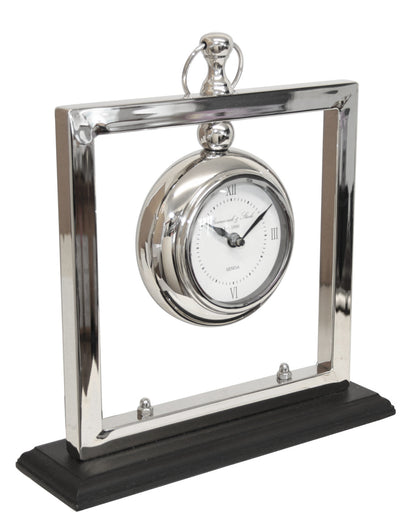 35cm Square Table Clock Nickel Black Stand