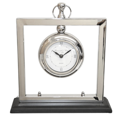 35cm Square Table Clock Nickel Black Stand