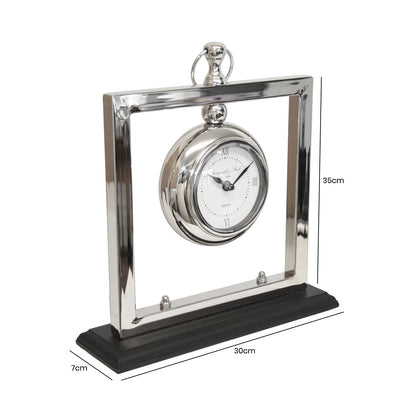 35cm Square Table Clock Nickel Black Stand