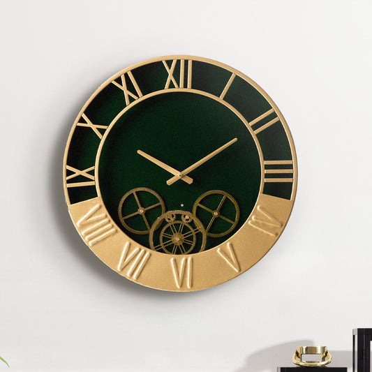 52cm Dark Green and Gold Metal Gears Wall Clock