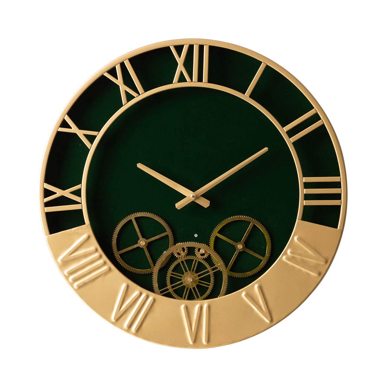 52cm Dark Green and Gold Metal Gears Wall Clock