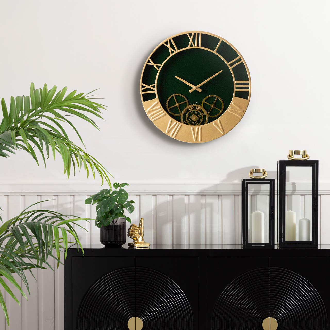 52cm Dark Green and Gold Metal Gears Wall Clock