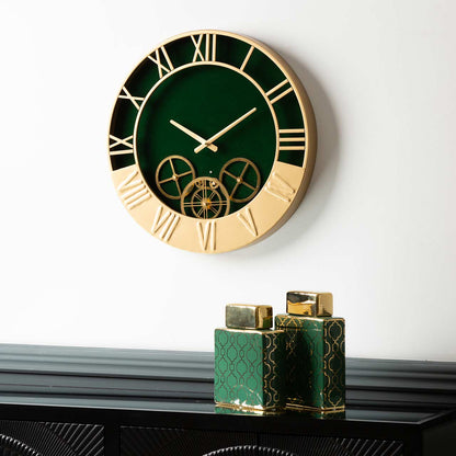 52cm Dark Green and Gold Metal Gears Wall Clock