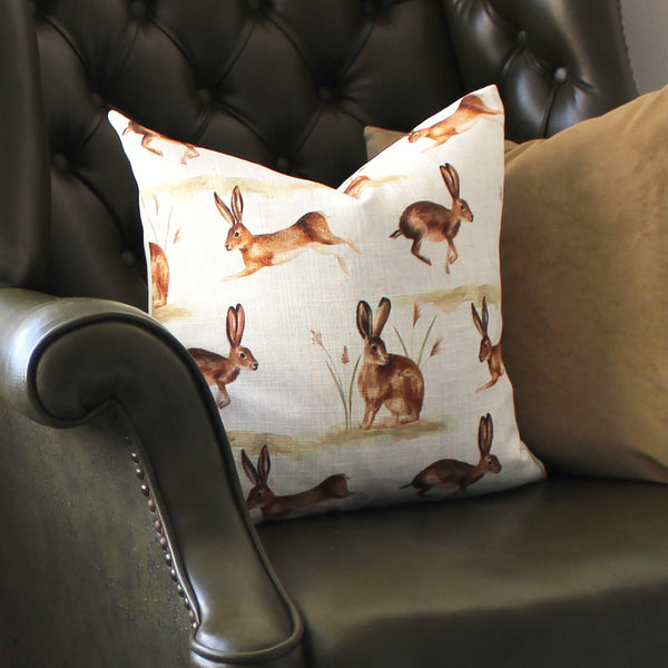 Country Running Hares 43x43 Feather Filled Cushion Multi - lifestyle