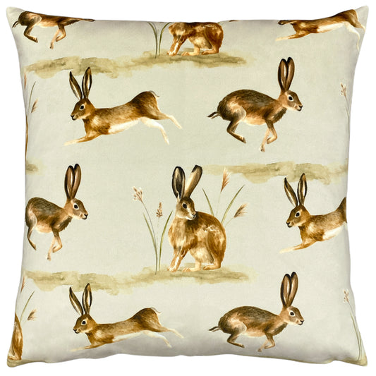 COUNTRY RUNNING HARES 43X43 FEATHER FILLED CUSHION TAUPE