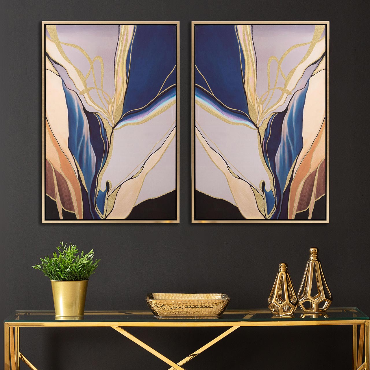 CP377 85x125 Framed Abstract Canvas Dark Blue and Gold with Gold Frame