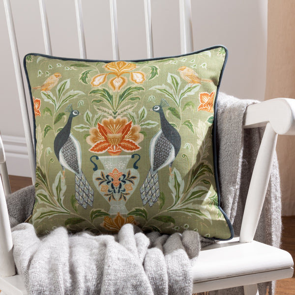 Chatsworth Peacock 43x43 Feather Filled Cushion Sage - lifestyle
