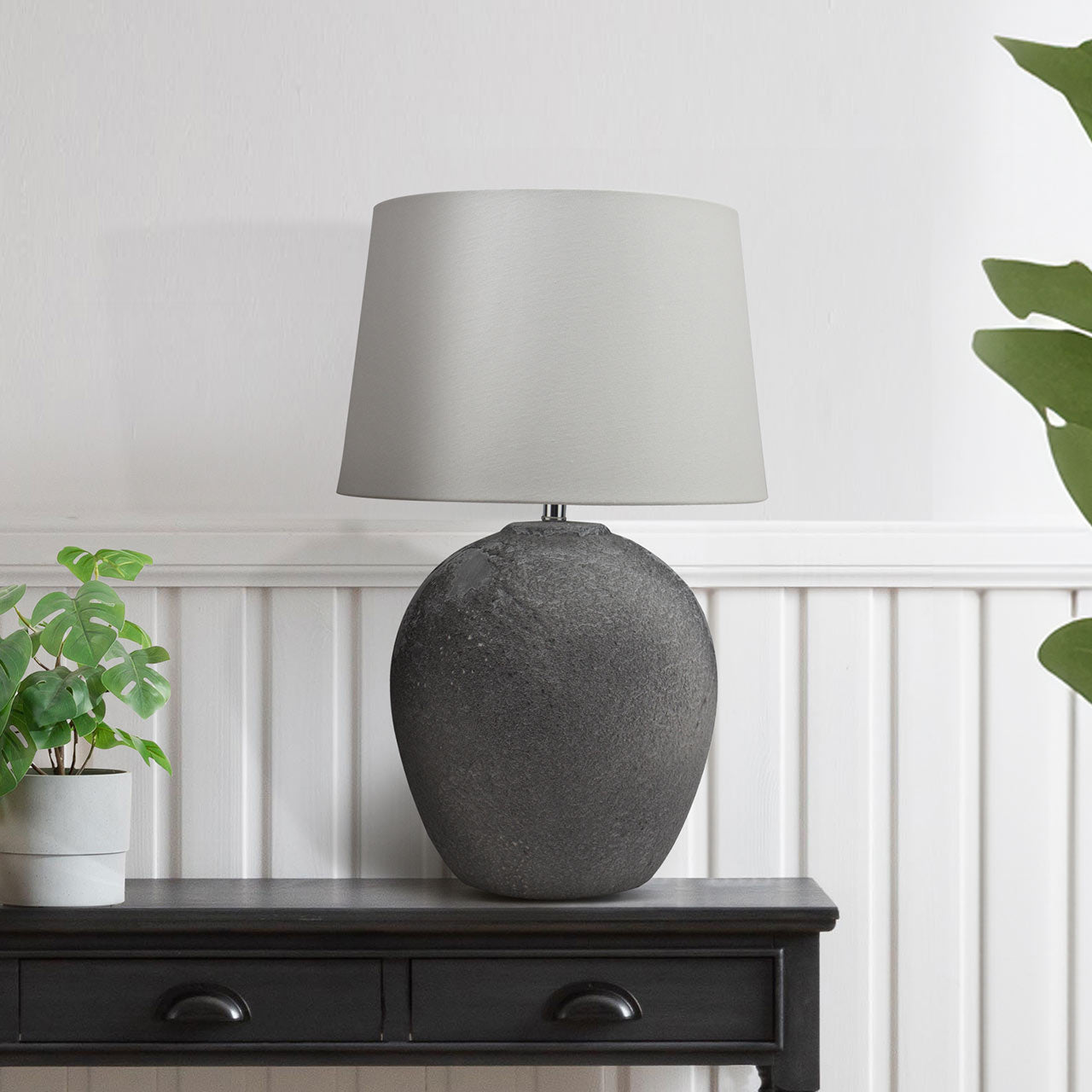 57cm Grey Stone Finish Table Lamp with White Linen Shade-E27-UK Plug