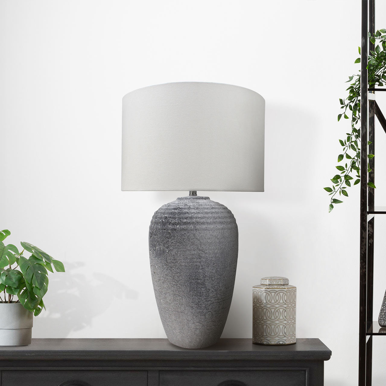 60cm Grey Stone Finish Table Lamp with White Linen Shade-E27-UK Plug